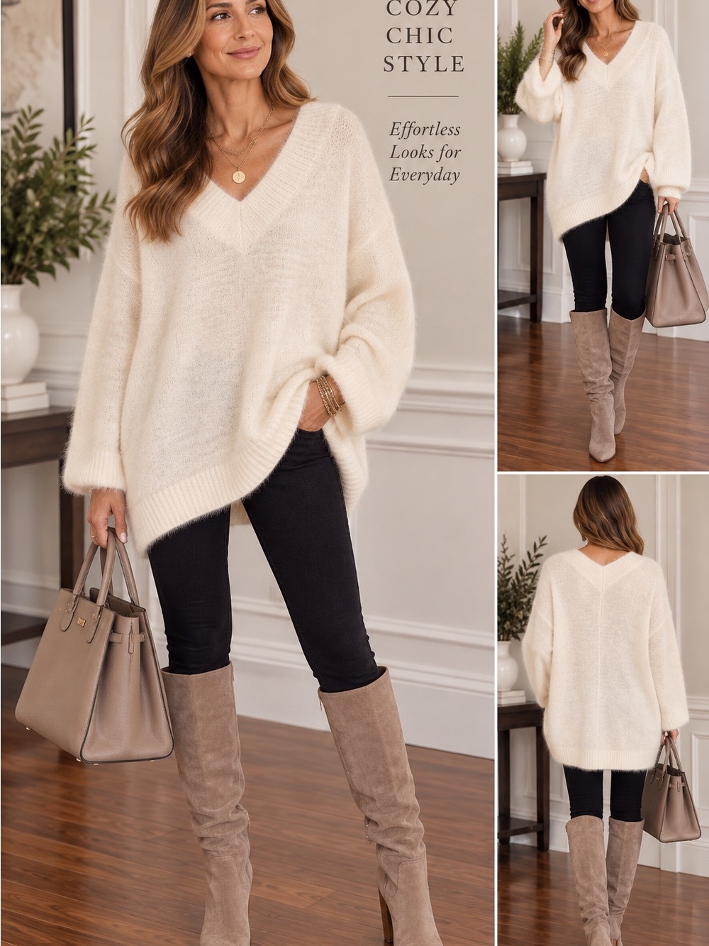 White House Black Market Cream V-Neck Oversized Sweater